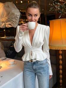 Women's Plus Size Elegant Commuter Solid Color Deep V-Neck Ruffle Waist Blouse - White - View 3