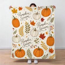 1pc Thanksgiving Autumn Decor Throw Blanket, Autumn Pumpkin Maple Leaf Berry Pattern Flannel Single-Sided Printed Blanket, Perfect For Holiday, Birthday, Sofa And Home Decor - Multicolor - View 5