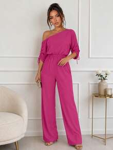 Women's Oblique Neck Drawstring Cuff Elastic Waist Loose Wide Leg Jumpsuit, Casual Elegant Suitable For Daily, Office, Party Wear Summer - Hot Pink - View 4