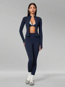 MFVIM Women's Seamless Triangle Cup Wireless Bra + Leggings + Jacket 3-Piece Fitness Set - dark blue - View 8