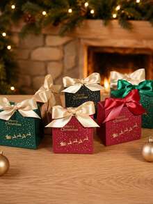 10Pcs Christmas Gift Boxes With Santa Sleigh And Starry Pattern, Elegant Holiday Favor Boxes With Satin Ribbon Bow, Red Green Black Gift Packaging For Christmas Party, Winter Celebration, Wedding Favors, Seasonal Decorations And Special Occasions - 7X5X7cm - View 2