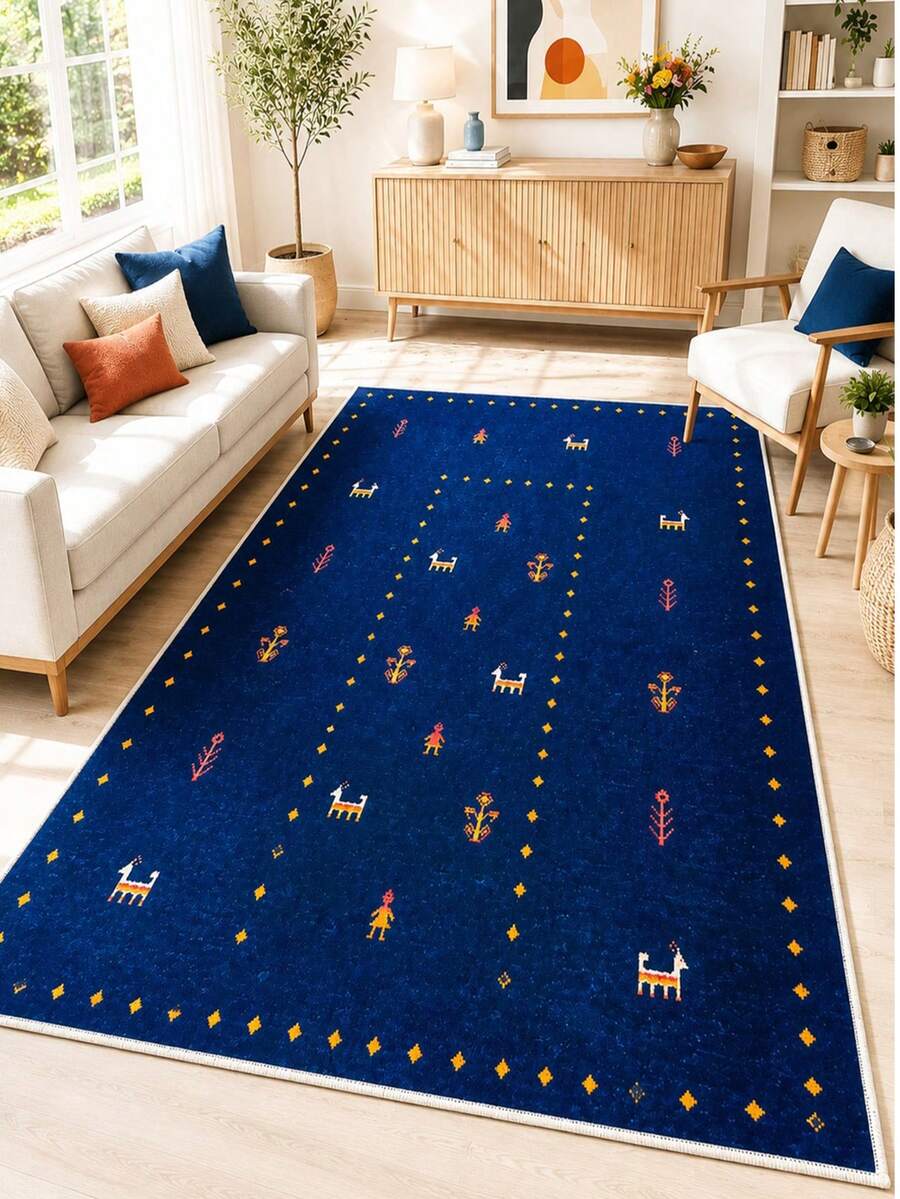 Chilai Home Flower Printed Area Rug,  Kitchen Runner Rug, Washable Floor Mat For Home Decor, Livingroom Rug, Non-Slip Kitchen Runner Rug, Made In Turkiye - Navy Blue - View 1