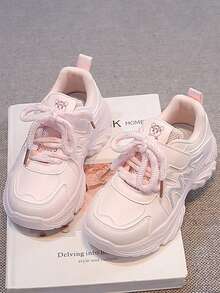 New Girls' Cute Bear Decor Chunky Sneakers, Hook & Loop Soft Sole Versatile Casual White Sneakers For Daily Wear - Pink - View 4