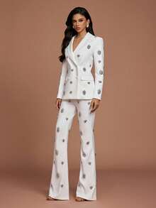 Elegant Women 2 Pcs Set,Fitted Rhinestone Embellished Blazer And Flared Pants,Formal Outfit For Evening Party Prom Business Occasion - White - View 5