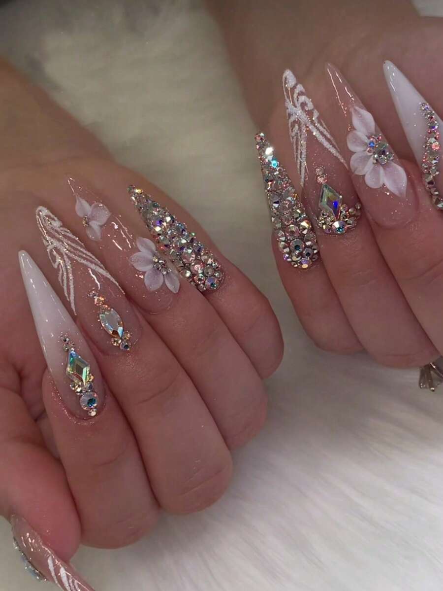 12pcs Long, Teardrop-Shaped, Press-On False Nails With Sparkling Rhinestone Gradient Floral Patterns; A Sweet And Cool European-Style Nail Art Sticker For Women - Multicolor - View 1