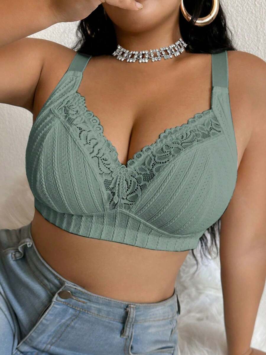 1 Pieza de Bralette de Encaje Inalámbrico con Almohadillas Extraíbles, Talla Grande, Cómodo Sujetador Inalámbrico para Mujer, Cobertura Completa, Bralette Inalámbrico con Soporte para Uso Diario - Verde militar - Ver 1