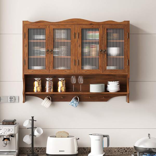 100CM Retro 4 Door Wall-Mounted Cabinet, Featuring Two Layers Of Storage Space And An Open Hook Rack Space,Suitable For Bathrooms, Kitchens, Dining Rooms, Brown