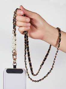 1 Peça Cordão Transversal de Telefone em Couro PU com Pérolas para Mulheres, Alça de Corrente Metálica Longa, Acessório de Bolsa Requintado de Alta Qualidade, Pingente de Carro, Corrente de Telefone, Corrente Durável Anti-Quebra, Anti-Perda, Chaveiro, Adequado como Presente - Preto - Visão 5