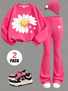 2 Pieces Set Girls' Flower Print Crewneck Long-Sleeve Sweatshirt And Flare Pants, Fashionable And Casual, Suitable For Autumn And Winter - Hot Pink - View 1
