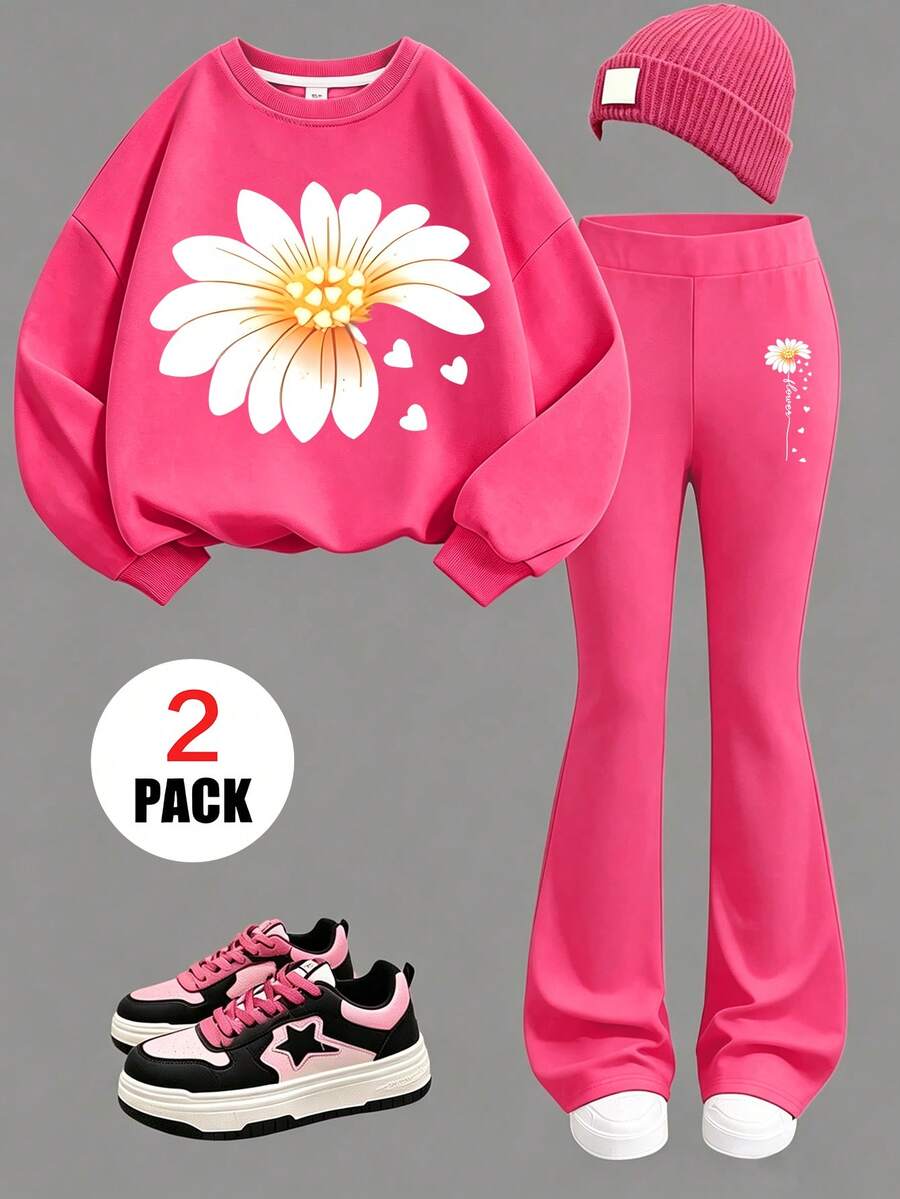 2 Pieces Set Girls' Flower Print Crewneck Long-Sleeve Sweatshirt And Flare Pants, Fashionable And Casual, Suitable For Autumn And Winter - Hot Pink - View 1