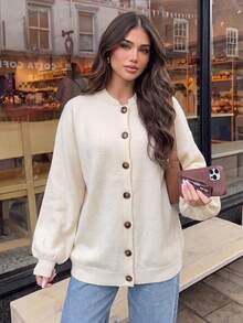 Women's Solid Color Baseball Collar Long Sleeve Single-Breasted Casual Knit Cardigan Fall - Beige - View 3