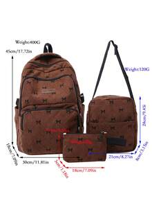 3pcs Backpack Set, Large Backpack + Crossbody Bag + Coin Purse, Bow Pattern, Soft Fabric, Adjustable Shoulder Strap, Large Capacity Campus Daily Commute Student Bag - Brown - View 6