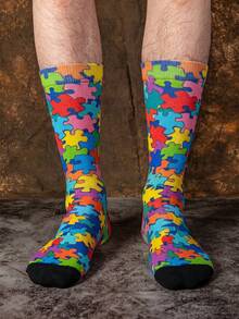 1/3 Pairs Rainbow Color Puzzle Block Pattern Mid-Calf Socks, Men's Mid-Calf Socks, Novelty And Fun, Interesting Christmas Gift - Multicolor - View 8