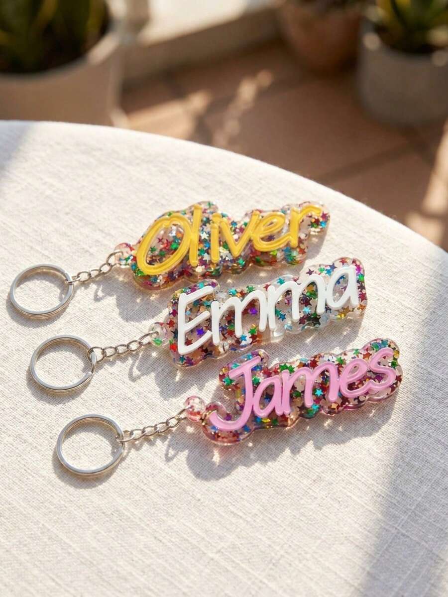 Custom Name Personalized Acrylic Glitter Keychain, Customized Letter Bag Charm Pendant Keyring, Cute Gift For Her Women. - Multicolor - View 1