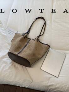 Low Tea 2件組純色麂皮布料女款休閒大容量托特包 BOOK Bag 雙手柄設計 磁吸開合 適合旅行、購物、約會，女性禮物，適合青少年女孩、大學生、初學者和白領上班族，完美適用於辦公室、大學、工作、商務、通勤、戶外、旅行、出遊 - 卡其色 - 查看 4