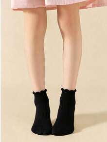 5/10/20 Pairs 1‑14Y Girls Black Scallop Ruffle Trim Ankle Socks, Soft Ribbed Knit Breathable All‑Season Kids Socks For Daily Wear & School - Black - View 4