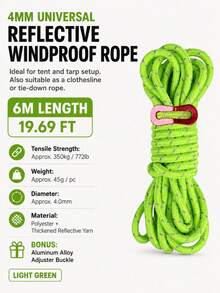 6m 4mm Reflective Tent Guy Rope, Heavy Duty Polyester Windproof Rope With Aluminum Alloy Double Eye Adjustment Buckle, Multi-Color Outdoor Canopy Awning Fixing Rope, Camping Waterproof Tarp Hanging And Binding Use - Multicolor - View 15