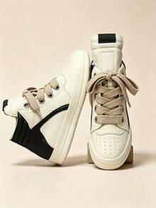 Men's High-Top Platform Sneakers Cream Skate Shoes Retro Casual Walking Trainers With Easy-Clean Leather, Unisex Couple Style, Back To School Streetwear Essential - 米色 - 查看 2