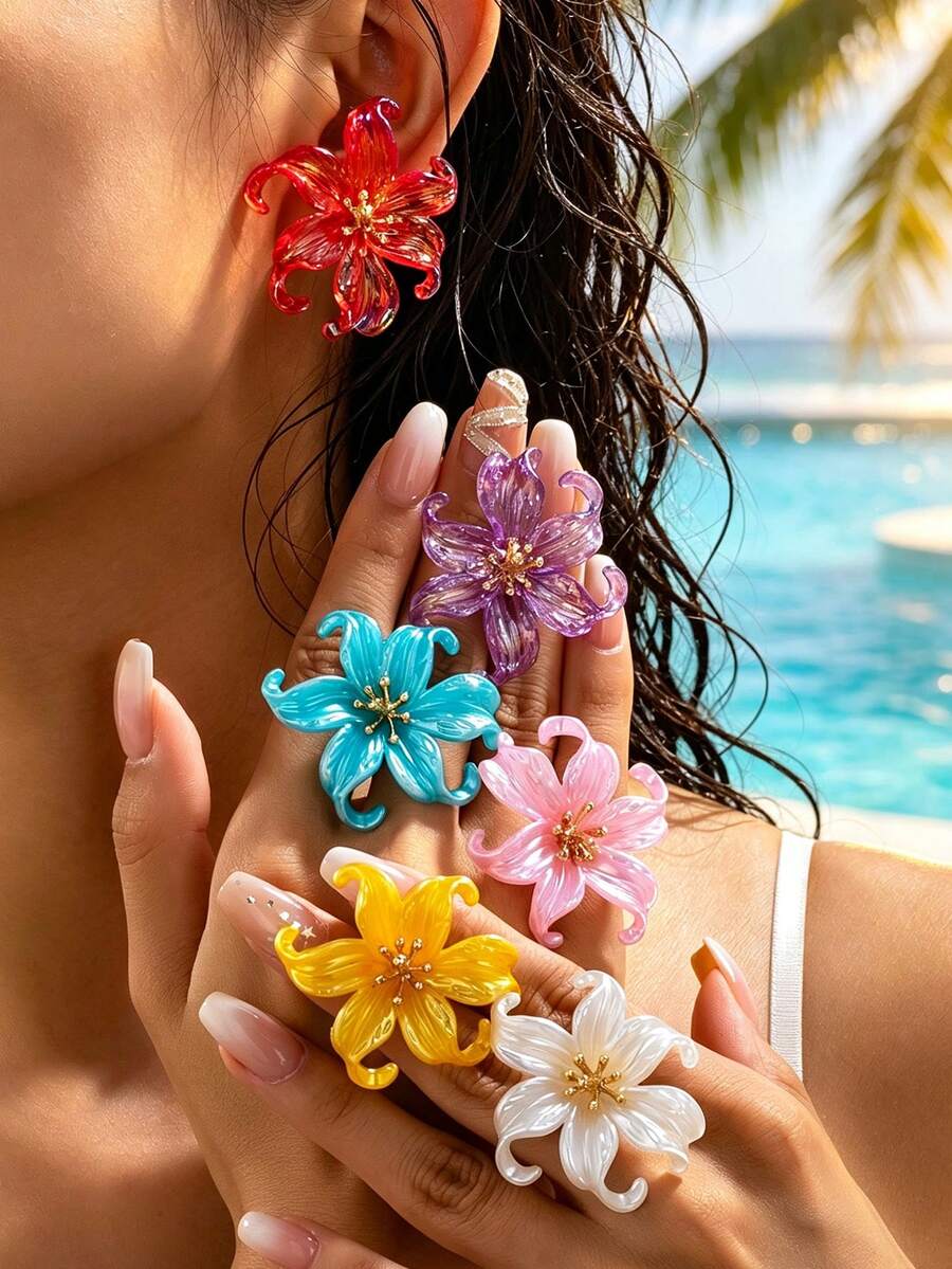 1 Pair/6 Pairs Colorful Flower Earrings Set, Niche Exaggerated Lily Large Flower Ear Accessories, Beach Vacation Vibe - Flower Earrings - View 1