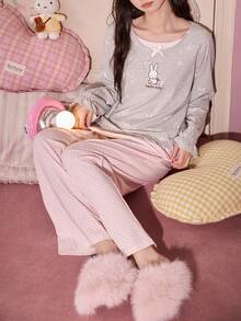 Gongdie 2 Pieces Miffy Women's Pajama Set, Spring/Autumn Pink Plaid Soft Cotton Loungewear, Faux Two-Piece Top With Rabbit Floral Print - Light Grey - View 5