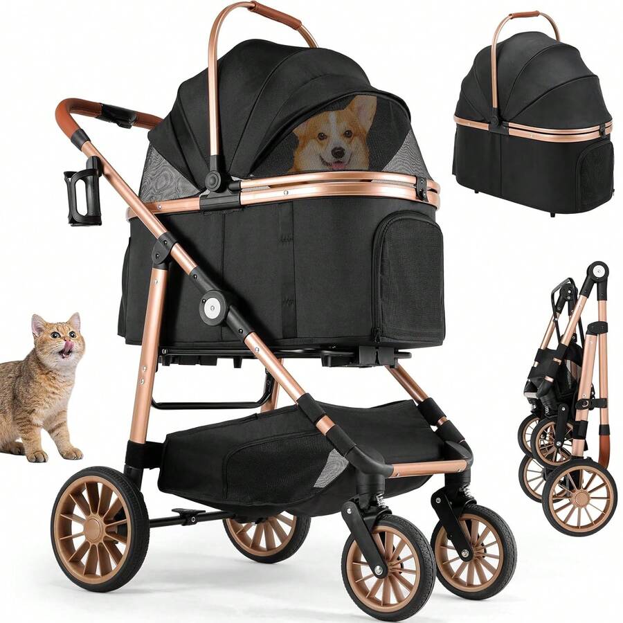 3-In-1 Foldable Dog Buggy Up To 20kg | Foldable Cat Stroller, Pet Buggy With 4 360° Rubber Wheels, With Storage Basket And Cup Holder - 金+黑 - 查看 1