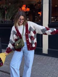 Women's Argyle Cardigan Sweater, Soft Long Sleeve Knit Top, Suitable For Christmas, Halloween, Thanksgiving - Red - View 2