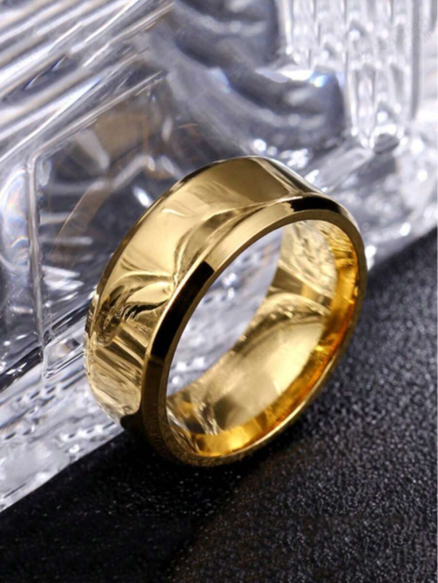 1件男士時尚經典不鏽鋼6MM拋光戒指,低過敏性,防水,極簡日常疊戴珠寶禮物 - 金色 - 查看 1