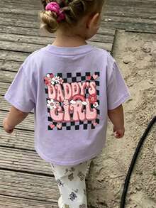 Baby GirlMinimalist Plaid Graffiti & Letter Print Round Neck Short Sleeve Cute Top - Mauve Purple - View 10