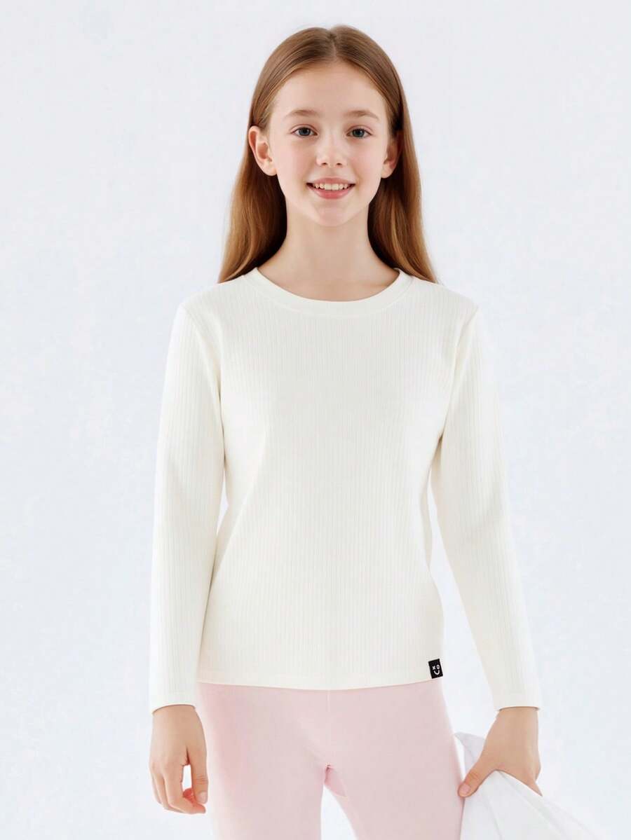 Balabala Tween Girl Long Sleeve T Shirt Boys Girls Basic Top Soft Stretch Undershirt For Fall Casual Wear - Off-white - View 1