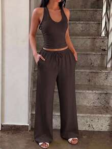 GLAMSKIN Women's Summer/Autumn Basic Solid Color Halter V-Neck 2 Pieces Set Top, Back To School And Brown Elegant - Brown - View 3