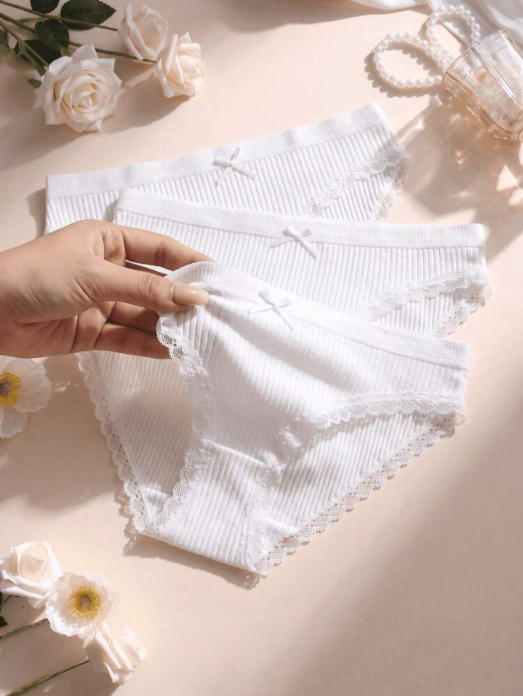 3件組白色蕾絲拼接蝴蝶結羅紋棉女款三角內褲 - 白色 - 查看 2