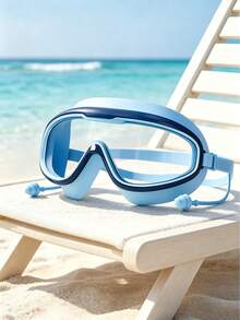 1pc Large Frame Swimming Goggles, One-Piece Design With Built-In Earplugs, High Definition Anti-Fog, Soft Silicone Seal Waterproof, Wide Field Of View Lenses; Adjustable Elastic Headband, Comfortable Fit Without Pressure On Eyes - Swimming Goggles - View 2