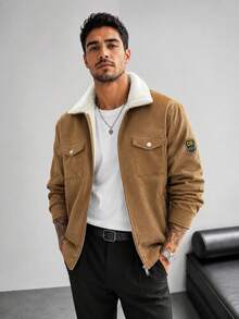 1pc Men's Corduroy Collar Long Sleeve Jacket, Thermal Lined Winter Coat, Comfortable & Versatile For Commuting, Machine Washable, Christmas Gift, Old Money Style - Khaki - View 2