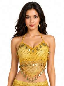 Women Halter Sequin Mesh Belly Dance Crop Top, Gold Coin Fringe Dangling Beads Performance Costume Top For Rave Festival Club Halloween, Multiple Colors Available - Multicolor - View 17