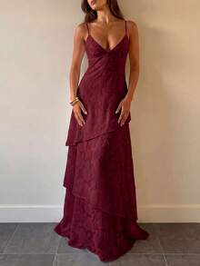 QUNGIGU Women's Spaghetti Strap Long Dress, Elegant Layered Design, Suitable For Wedding, Party, Graduation, Date, Summer Outfit - Redwood - View 1