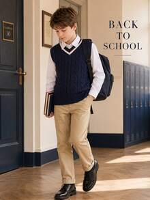2pcs/Set Boys' Classic School Style White Shirt And Sweater Vest - Blue and White - View 3
