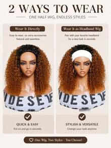 UNice Blend Secure 10 Seconds Flip-Over Half Wig Jerry Curly 3 In 1 Flip Over 3/4 Half Wig With Drawstring Beginner Friendly 100% Human Hair Wig Copper Ombre Color Machine Made Wig Put On And Go - SNatural/Orange - View 4
