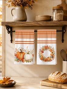 2pcs Autumn Fruit Pumpkin Wreath Pattern Kitchen Towels, Soft Polyester Material Dish Cloths, Suitable For Kitchen Decoration, Kitchen Cleaning, Holiday Party Decor, Kitchen Bathroom Supplies Home Essentials, Home Decor, Housewarming Gift - Multicolor - View 1