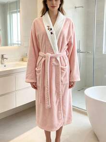 1件女款珊瑚絨柔軟吸水刺繡浴袍浴巾，浴室情侶風 - 粉色 - 查看 1