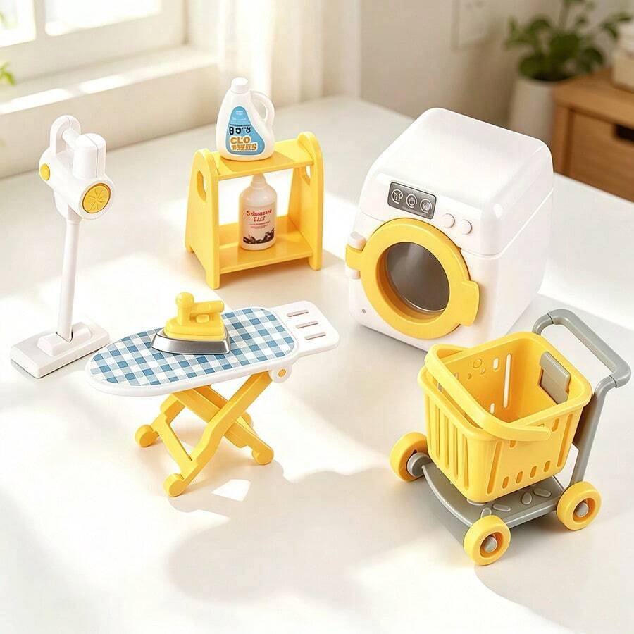 Miniature Laundry Room Decor Set, Realistic Mini Washing Machine & Cleaning Tools Figurine Set, Micro Landscape Desktop Ornament Home Room Decoration - Multicolor - View 1