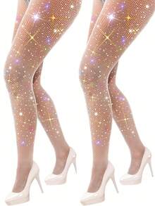 1/2/3pairs Shiny Fishnet Stockings, Fishnet Thigh High Socks, Crystal Embellished Fishnet Socks For Women - Multicolor - View 12