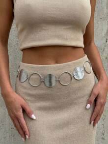 1pc Vintage Maillard Style Hollow Round Decor Waist Chain Dress Belt Body Chain Metal Body Chain Suitable For Party, Vacation, Gift, Daily Commute - Silver - View 2