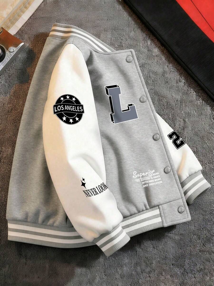 1pc Tween Boy Versatile Fashion Personalized Letter Print Colorblock V-Neck Fleece Jacket Autumn/Winter - Light Grey - View 1