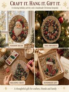 Christmas Pearl Diamond Painting Suncatcher Set, DIY Handmade | Pre-Assembled Metal Chain, Acrylic Round Plate With Lace Edge, 3D Mixed Size Pearl Beads, Holiday Window Wall Decor - A - View 2