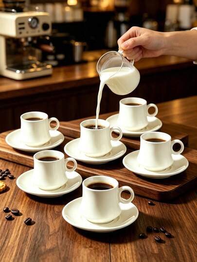 1 Set 6 Buah Cangkir Kopi & Tatakan Keramik Putih, Cangkir Teh Warna Solid Elegan, Cocok Untuk Penggunaan Sehari-hari di Kafe Rumah, Peralatan Makan Cangkir Teh Latte Cappuccino Klasik, Ideal Untuk Pertemuan di Rumah atau Kantor, Hadiah Liburan Sempurna untuk Pecinta Kopi