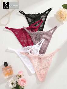 Rosiemei 5pcs/Plus Size Women's Sexy Lace Thongs T-String Design Low Rise Underwear - Multicolor - View 5