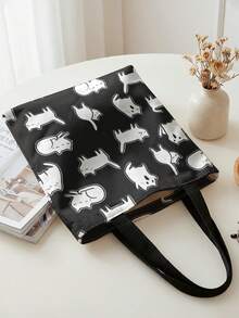 1pc Cartoon Cat Print Black Canvas Tote Bag, Lightweight Durable , Multi-Use Shoulder/Hand Bag For Students, Commuting & Daily Shopping - Black and White - View 9