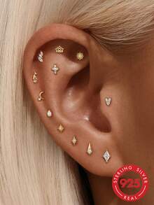 1pc 925 Sterling Silver Flat Back Stud Earring For Women, Hypoallergenic 18K Gold Plated Cartilage Ear Jewelry, Suitable For Sensitive Ears, CZ Cubic Zirconia Helix/Ear Cartilage Piercing Earring - Gold - View 1
