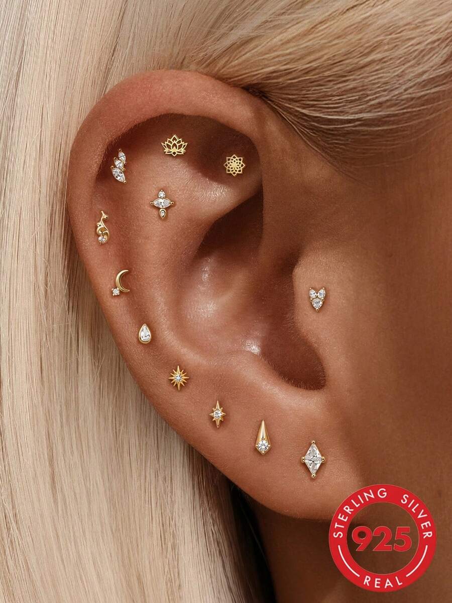 1pc 925 Sterling Silver Flat Back Stud Earring For Women, Hypoallergenic 18K Gold Plated Cartilage Ear Jewelry, Suitable For Sensitive Ears, CZ Cubic Zirconia Helix/Ear Cartilage Piercing Earring - Gold - View 1