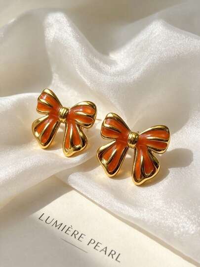 1 Pair Niche French Sweet Girl Bow Stainless Steel Earrings, Smooth Metal Lines With Enamel Drip, Vintage Vibe, Suitable For School, Commute, Party, Holiday Gift, Non-Fading, Ear-Friendly, Suitable For Best Friend, Girlfriend Birthday, Halloween, Christmas, Mother's Day, Graduation Season Gift